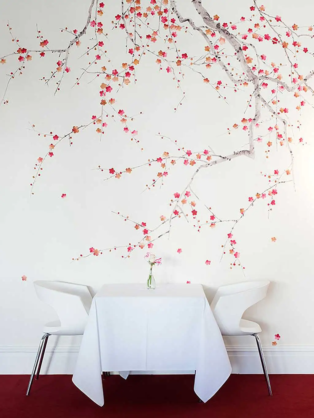Raumbild de Gournay - PLUM BLOSSOM - Blumen - Blätter - Äste - Hellbraun - Orange - Rot - de Gournay