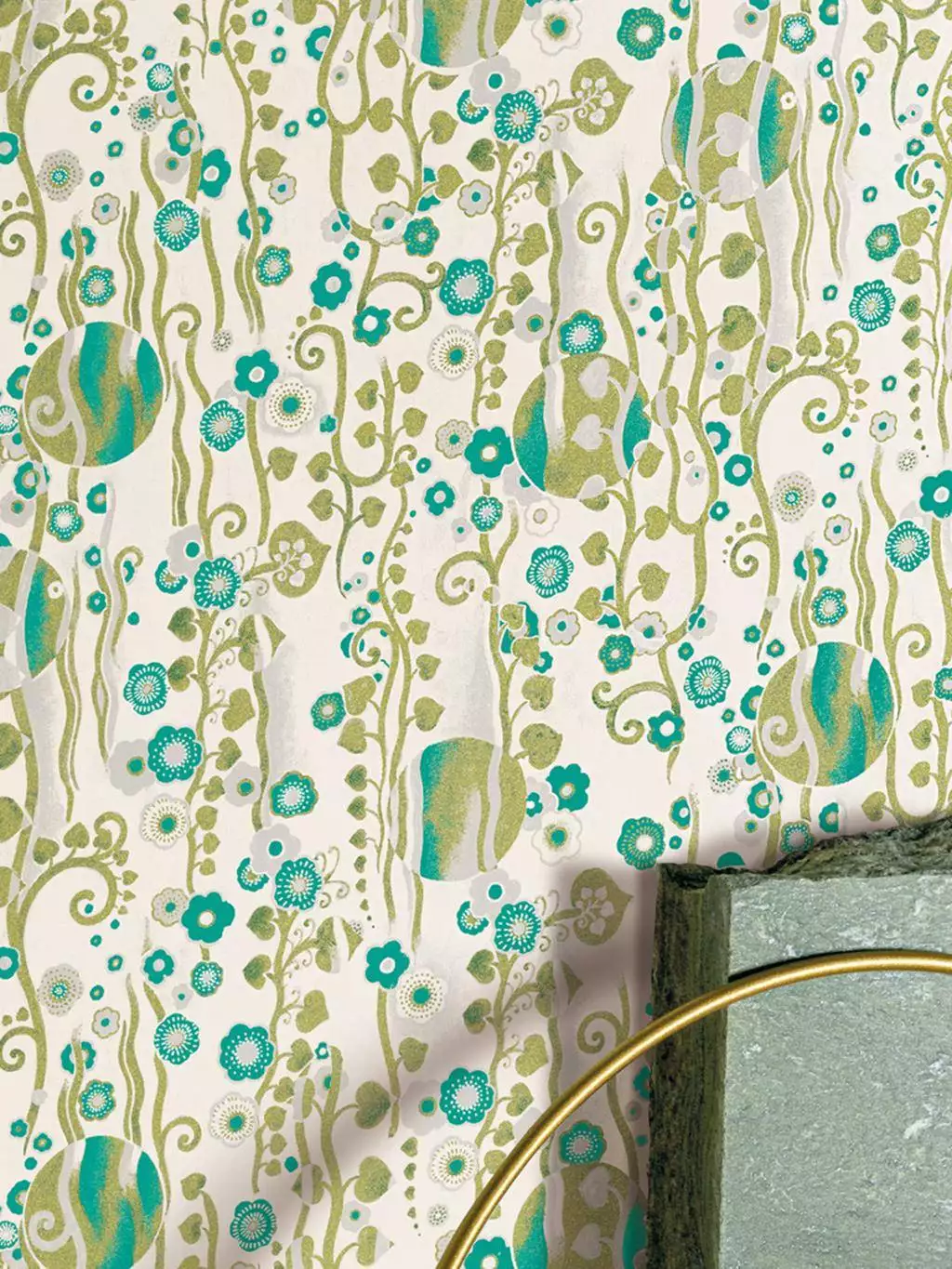 Mildred, Aqua - Blumen - Blätter - Creme - Gold - Grau - Türkis - Masureel