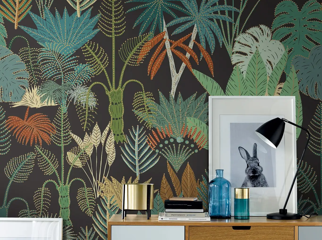 Raumbild MANILLE - Blätter - Bäume - Braun - Grün - Orange - Türkis - Caselio