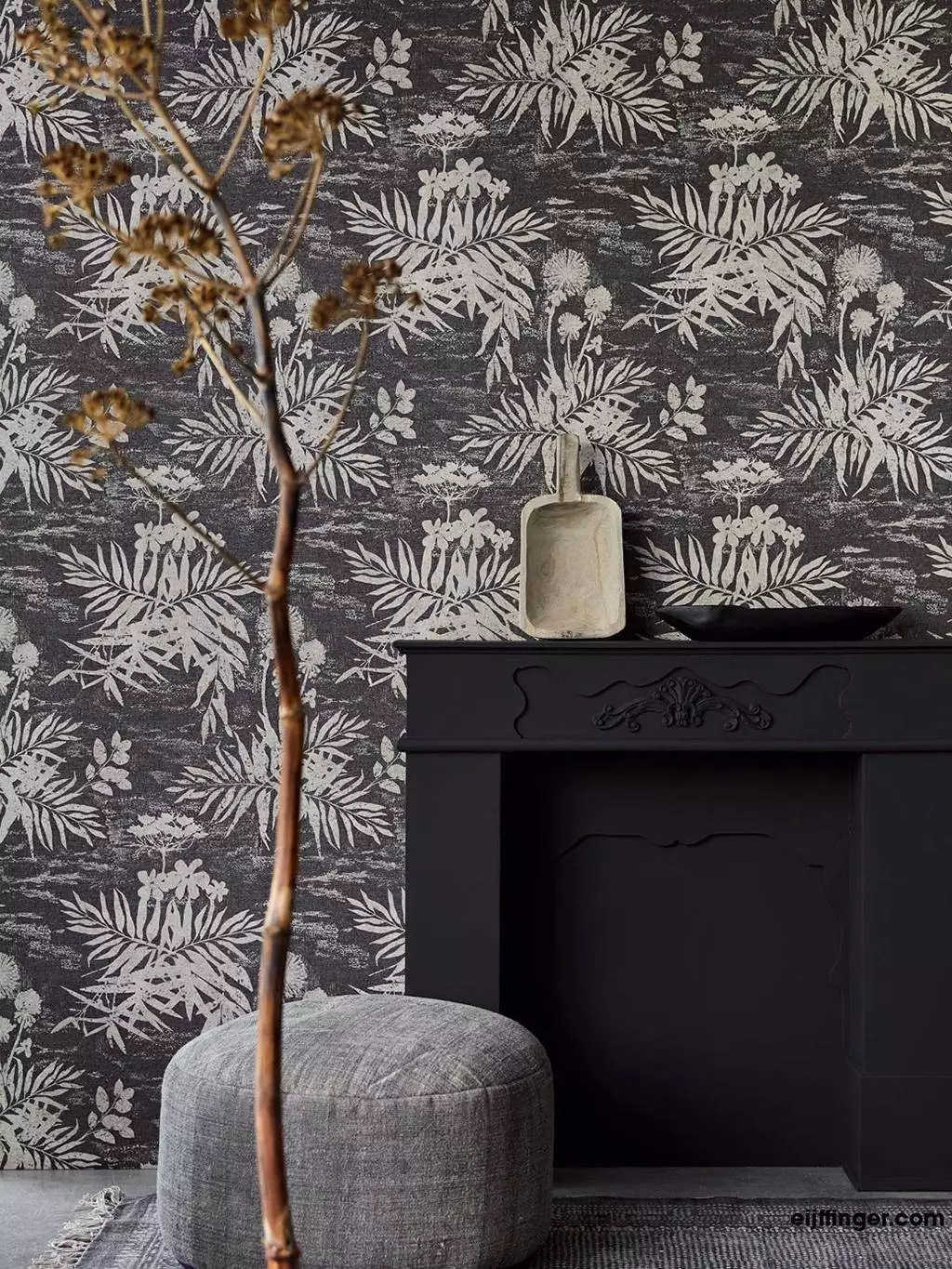 Alessa, col. 5 - Blätter - Äste - Anthrazit - Creme - Eijffinger