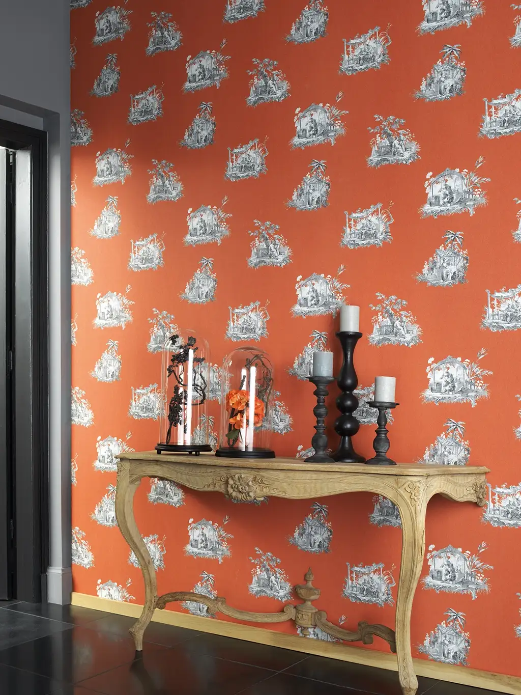 Raumbild Chinoiserie, col. 1 - Asia - Toile de Jouy - Orange - Weiß - Casadeco