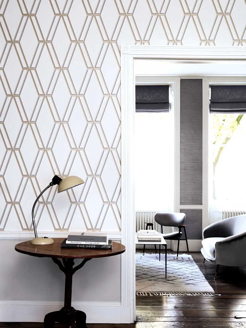 Raumbild Oliver, col.01 - Rauten - Creme - Gold - Grau - Silber - ROMO