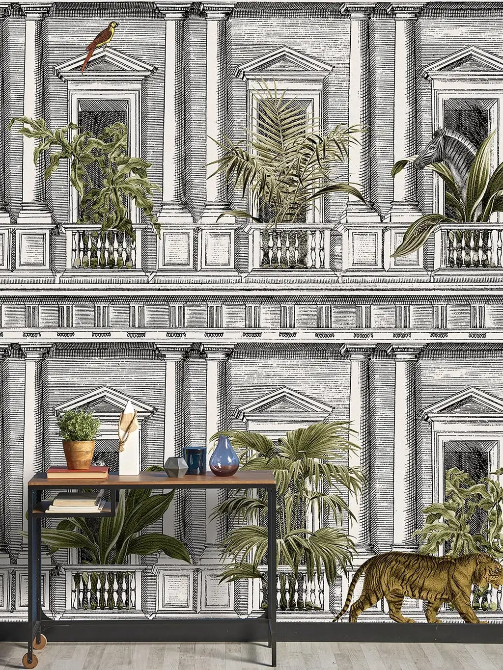 Urban jungle Tapete - Blumen - Gebäude - Tier Tapeten - Äste - Anthrazit - Creme - Grün - Wallpepper