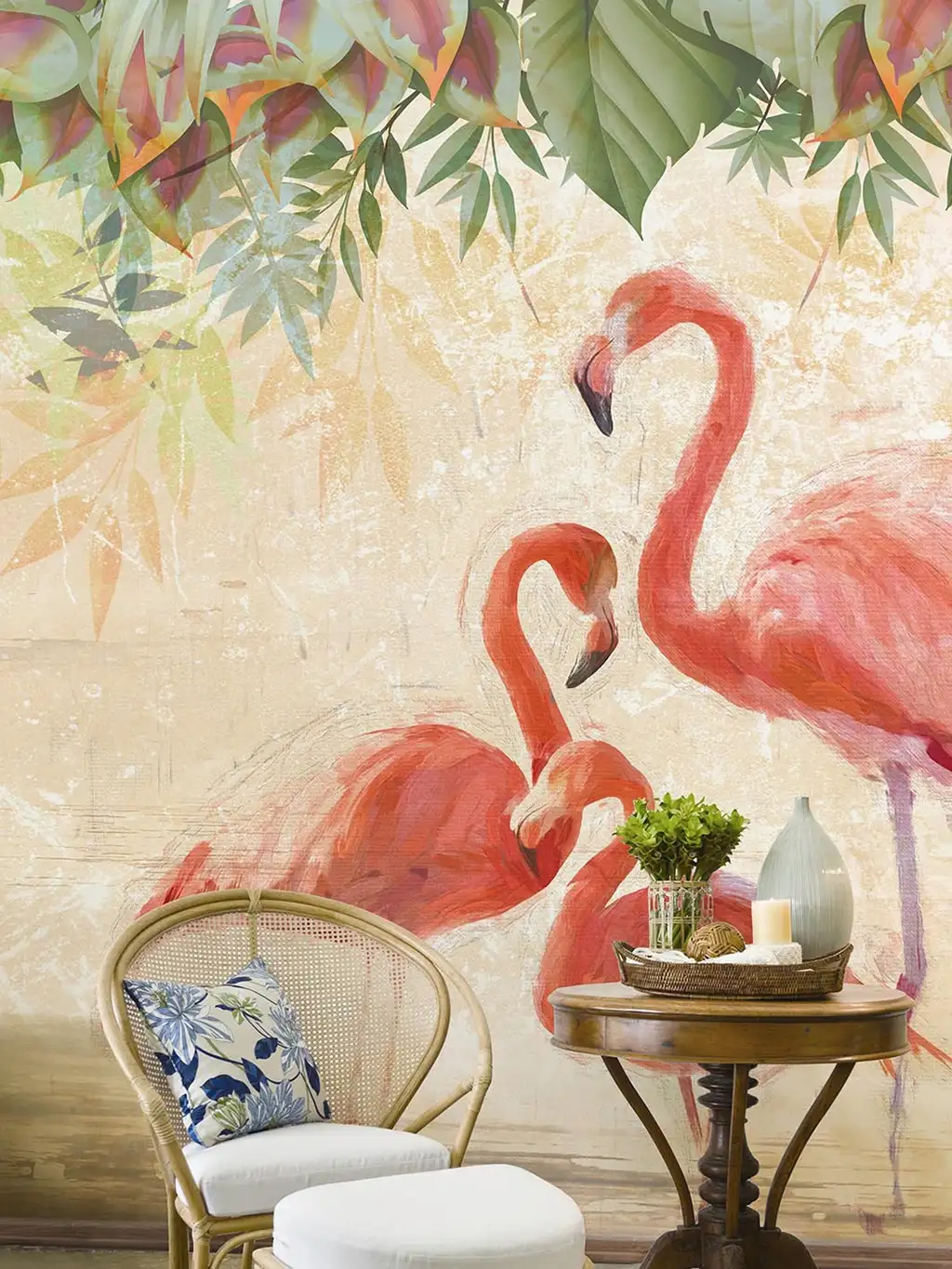 Raumbild Flamingos party - Blätter - Tapeten mit Vogelmotiven - Tier Tapeten - Multicolor - Wallpepper
