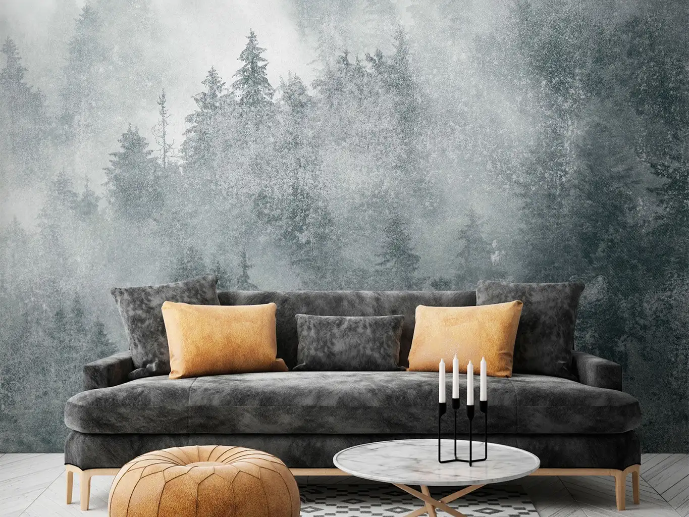 Raumbild YUKONIC, GREEN - Bäume - Creme - Hellgrün - Tecnografica