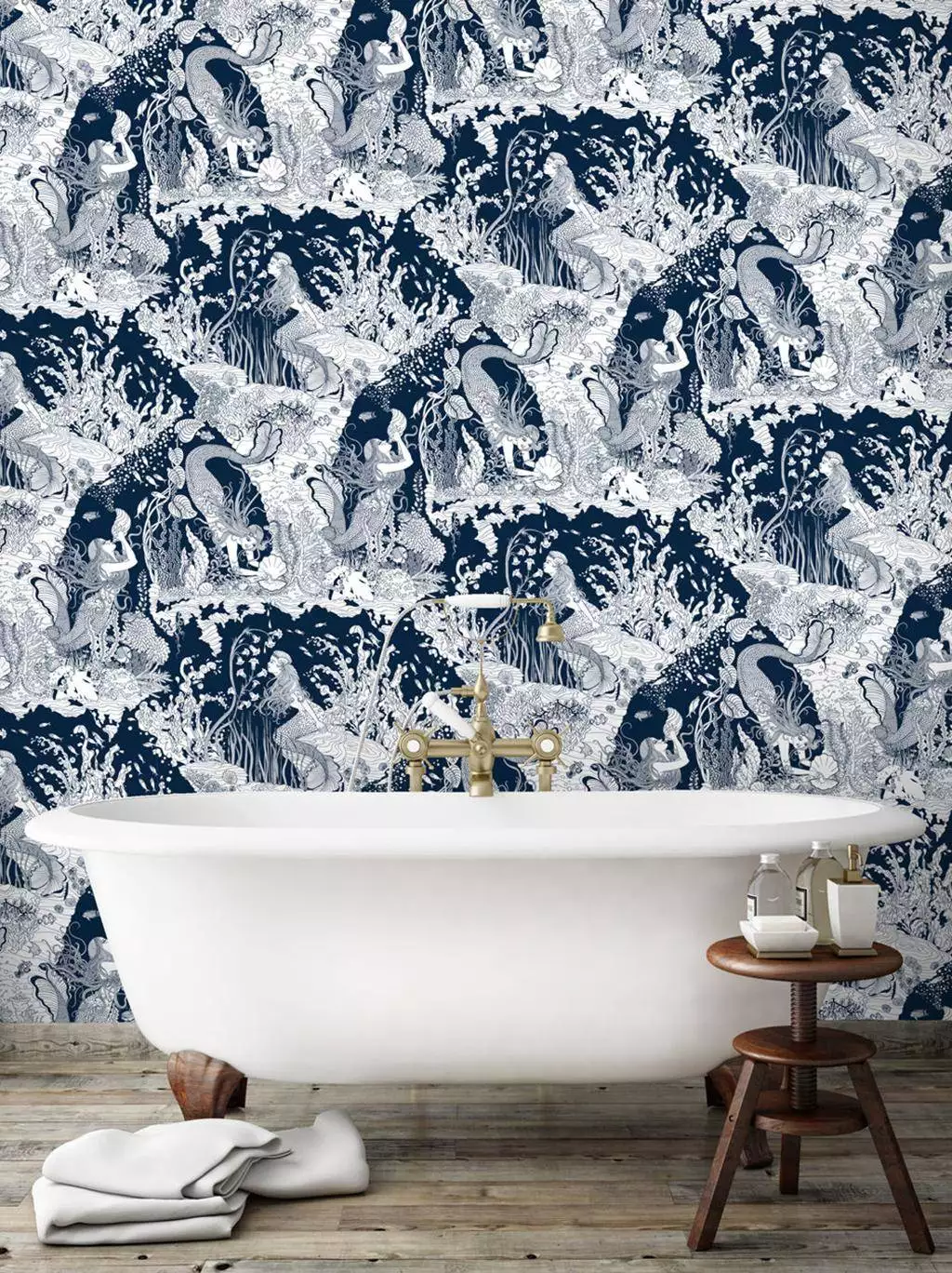 Mermaids (Navy) - Blumen - Blätter - Figuren - Wellen - Blau - Weiß - Dupenny