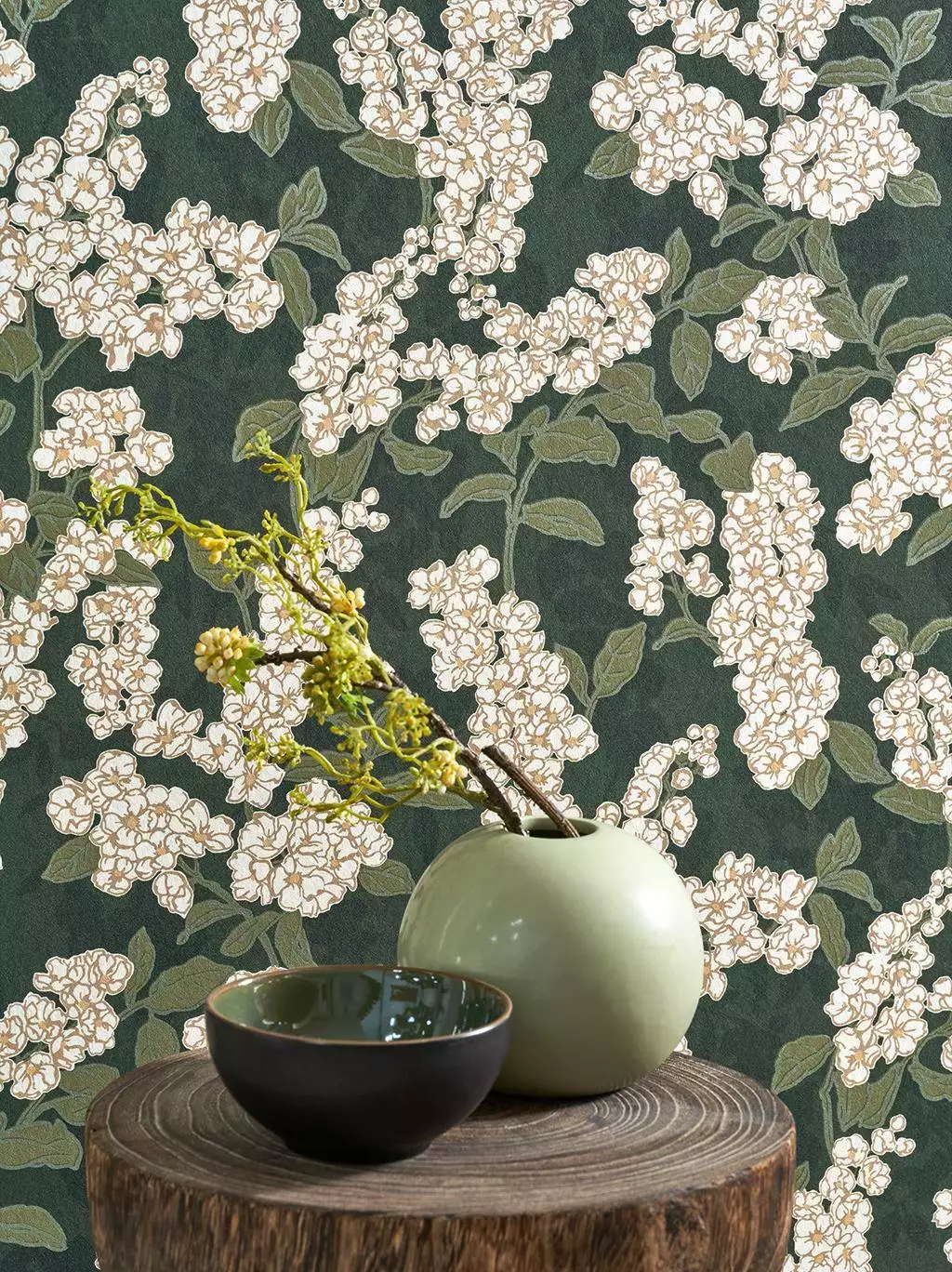 Ume, col. 06 - Blumen - Blätter - Florale Muster - Creme - Grün - Ocker - Casadeco