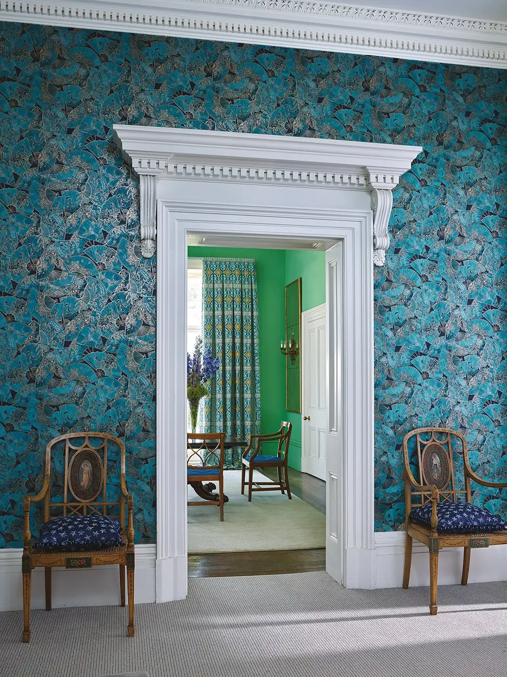 Raumbild Fanfare, col. 1 - Asia - Blumen - Fächer - Tier Tapeten - Blau - Osborne & Little