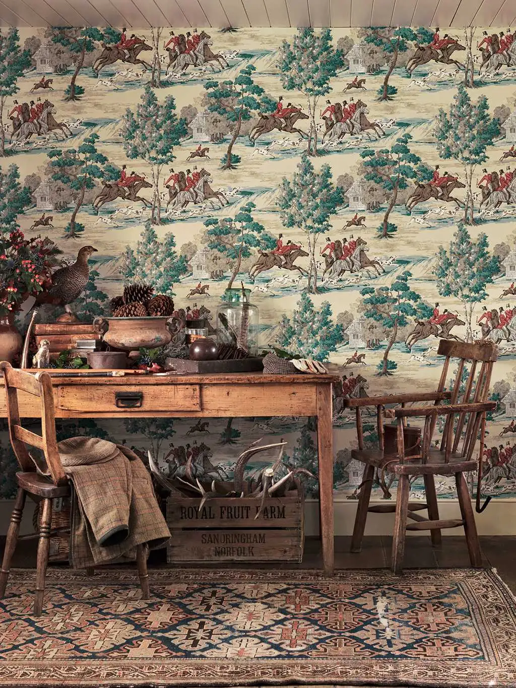 Raumbild Seth - Bäume - Figuren - Tier Tapeten - Braun - Creme - Petrol - Rot - Sanderson