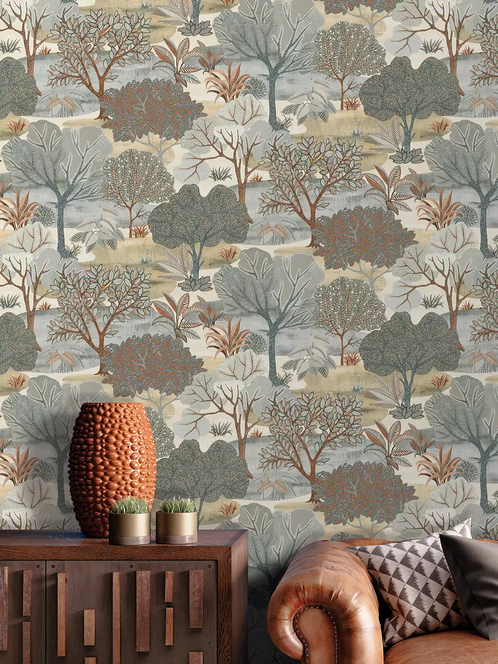 Allure Park, col. 51 - Blätter - Bäume - Florale Muster - Anthrazit - Braun - Creme - Hellblau - DECOPRINT