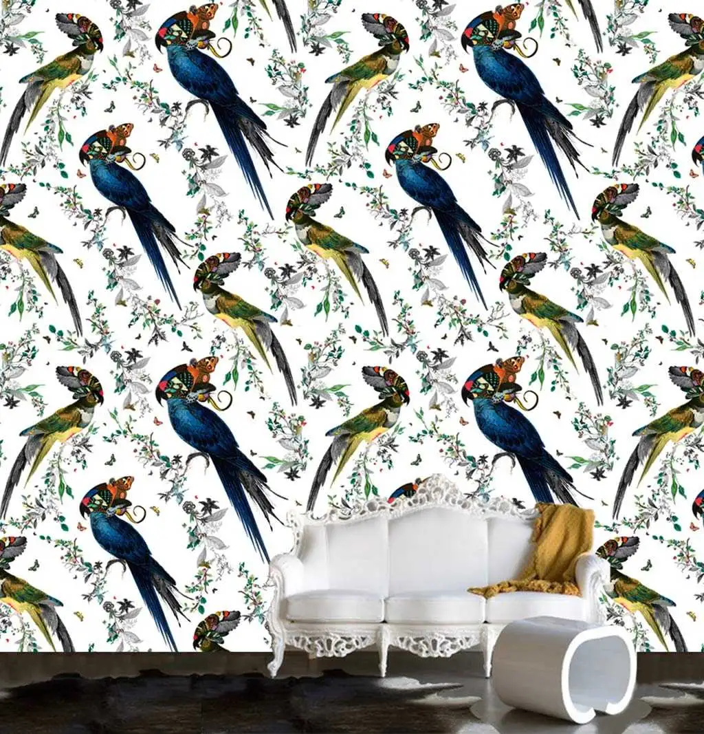 Lear Gaukur - Blätter - Tapeten mit Vogelmotiven - Multicolor - Weiß - Kristjana S Williams