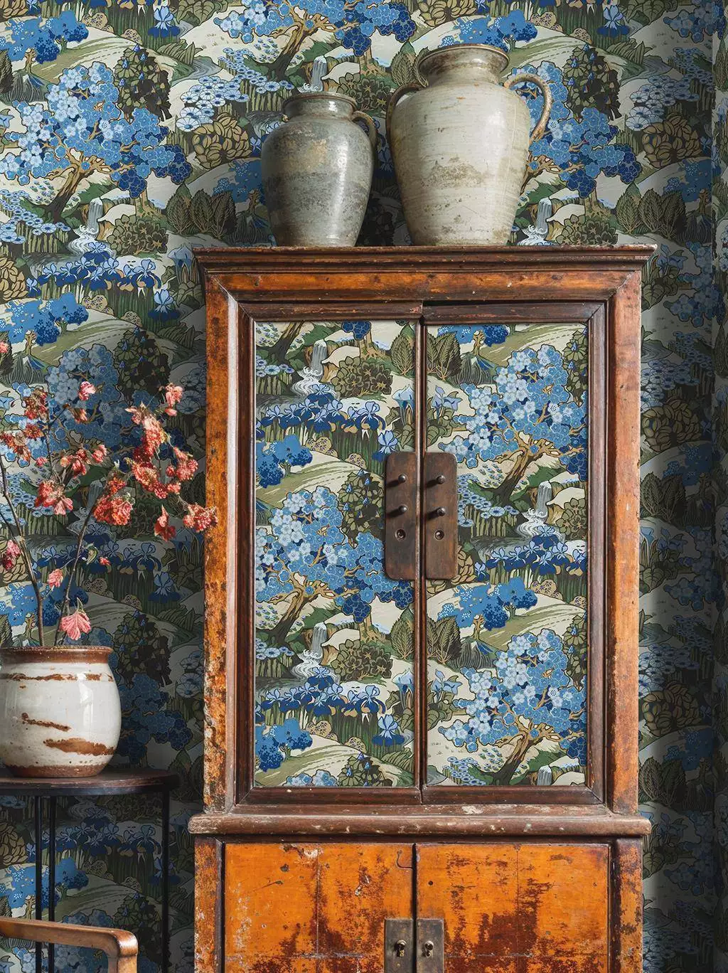 Yu Garden Sapphire - Asia - Blumen - Blätter - Bäume - Florale Muster - Landschaft - Anthrazit - Blau - Braun - Creme - Grün - COORDONNÈ