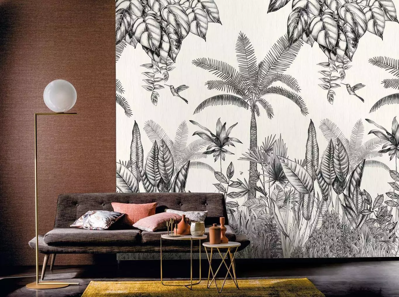 Ipanema Panoramique - Blumen - Blätter - Bäume - Tapeten mit Vogelmotiven - Tier Tapeten - Anthrazit - Creme - Casamance