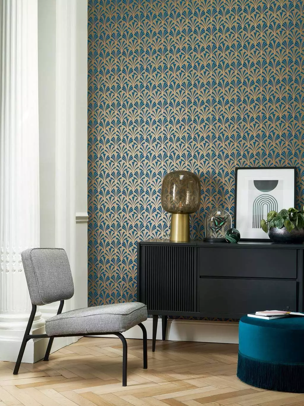 Palmette, col. 03 - Blätter - Blau - Gold - Casadeco