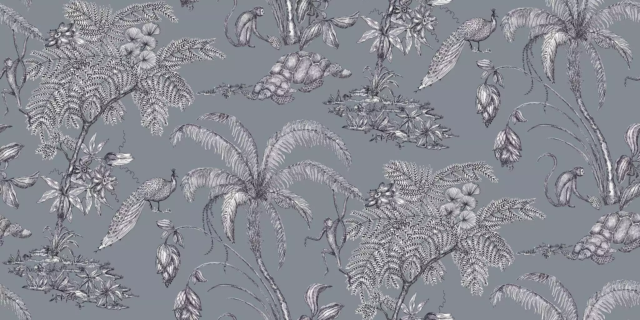 Moa, col. 08 - Blumen - Blätter - Tier Tapeten - Äste - Anthrazit - Grau - Weiß - Emil Rotter