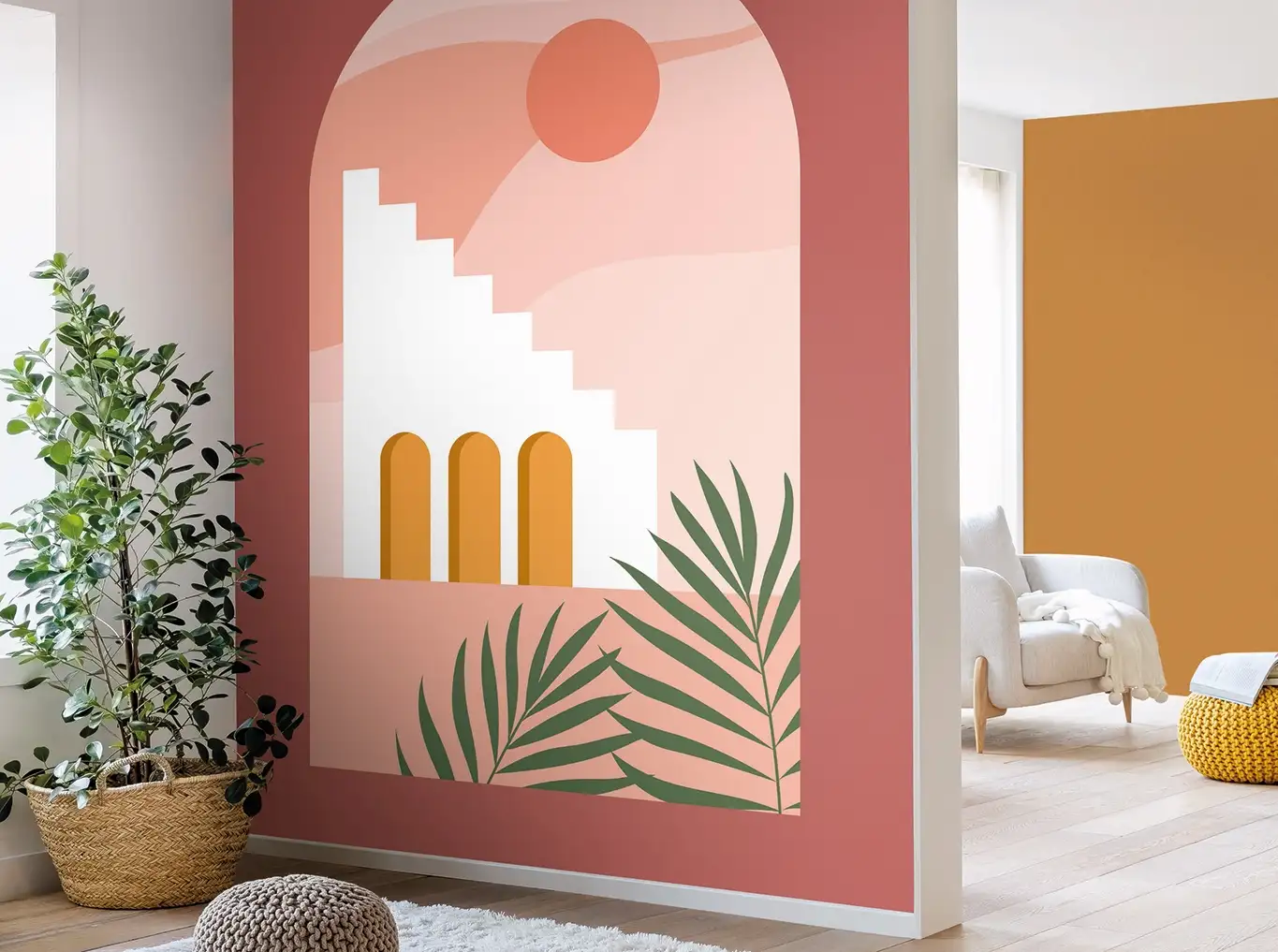 Raumbild REAL MIRAGE - Blätter - Gebäude - Braun - Creme - Gelb - Grün - Caselio