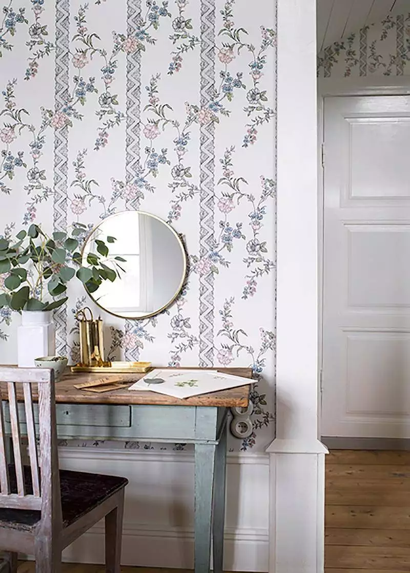 Slottsteatern, col. 7 - Blumen - Ranken - Anthrazit - Grün - Hellblau - Rosa - Weiß - Borastapeter