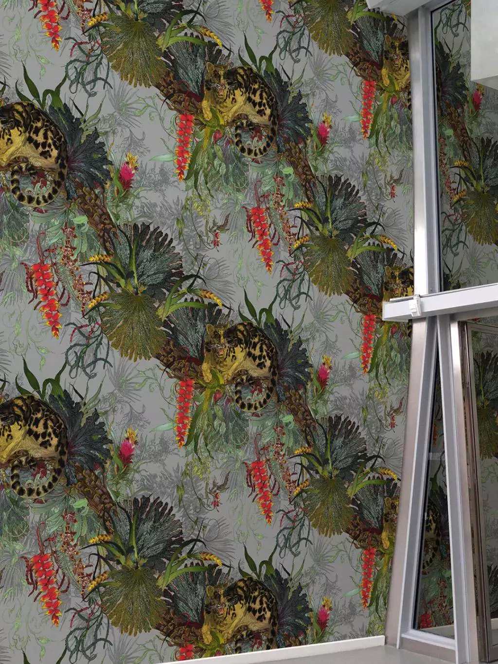 Tropical Clouded Leopard Superwide Wallpaper, Grey