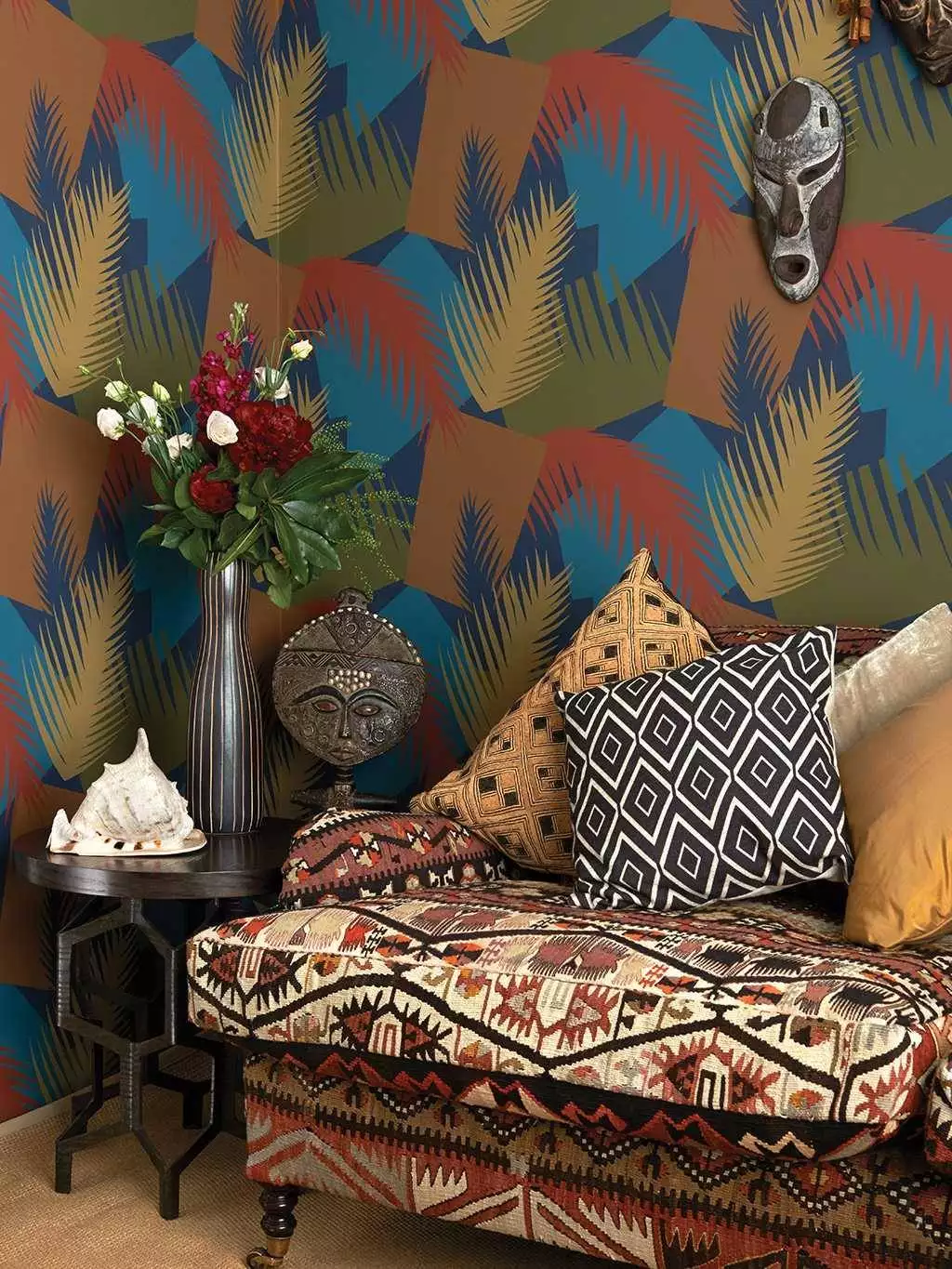 Deco Palm, col.09 - Blätter - Blau - Braun - Ocker - Petrol - Rot - Cole & Son