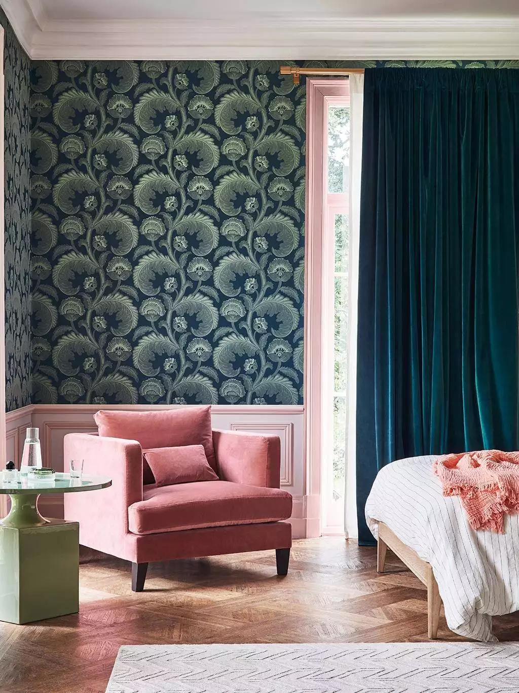 Fanfare Flock, col. 6 - Blumen - Blätter - Grün - Petrol - Cole & Son