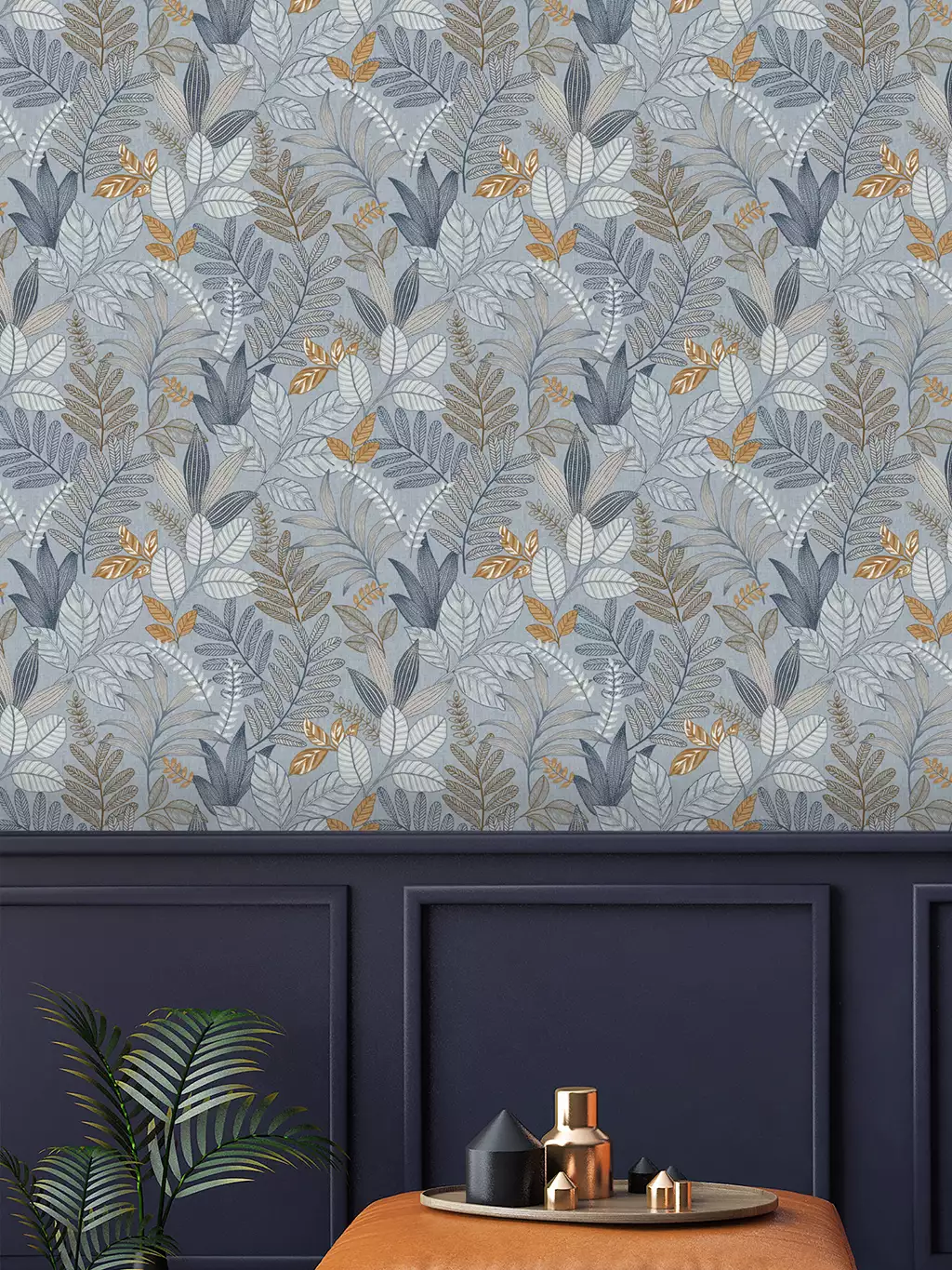 Embroidery, col. 03 - Blätter - Florale Muster - Blau - Braun - Creme - DECOPRINT