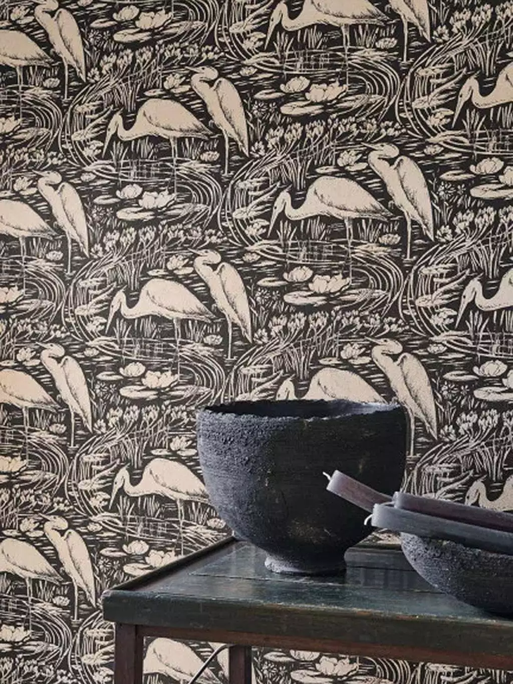 Euphrate, col. 70 - Blätter - Fauna - Florale Muster - Tiere - Vögel - Anthrazit - Creme - Casadeco