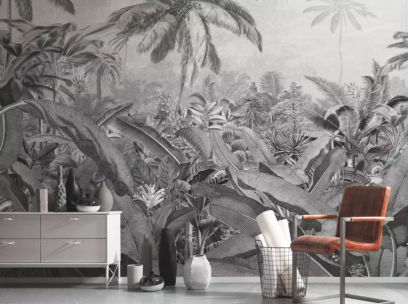 Amazonia Black and White - Blätter - Bäume - Landschaft - Schwarz und Weiß - Komar.Vlies