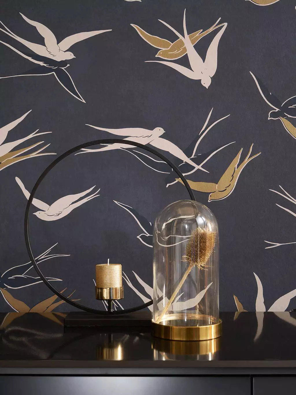 Swallow, col. 05 - Art Deco - Fauna - Tiere - Vögel - Creme - Gold - Schwarz - Casadeco