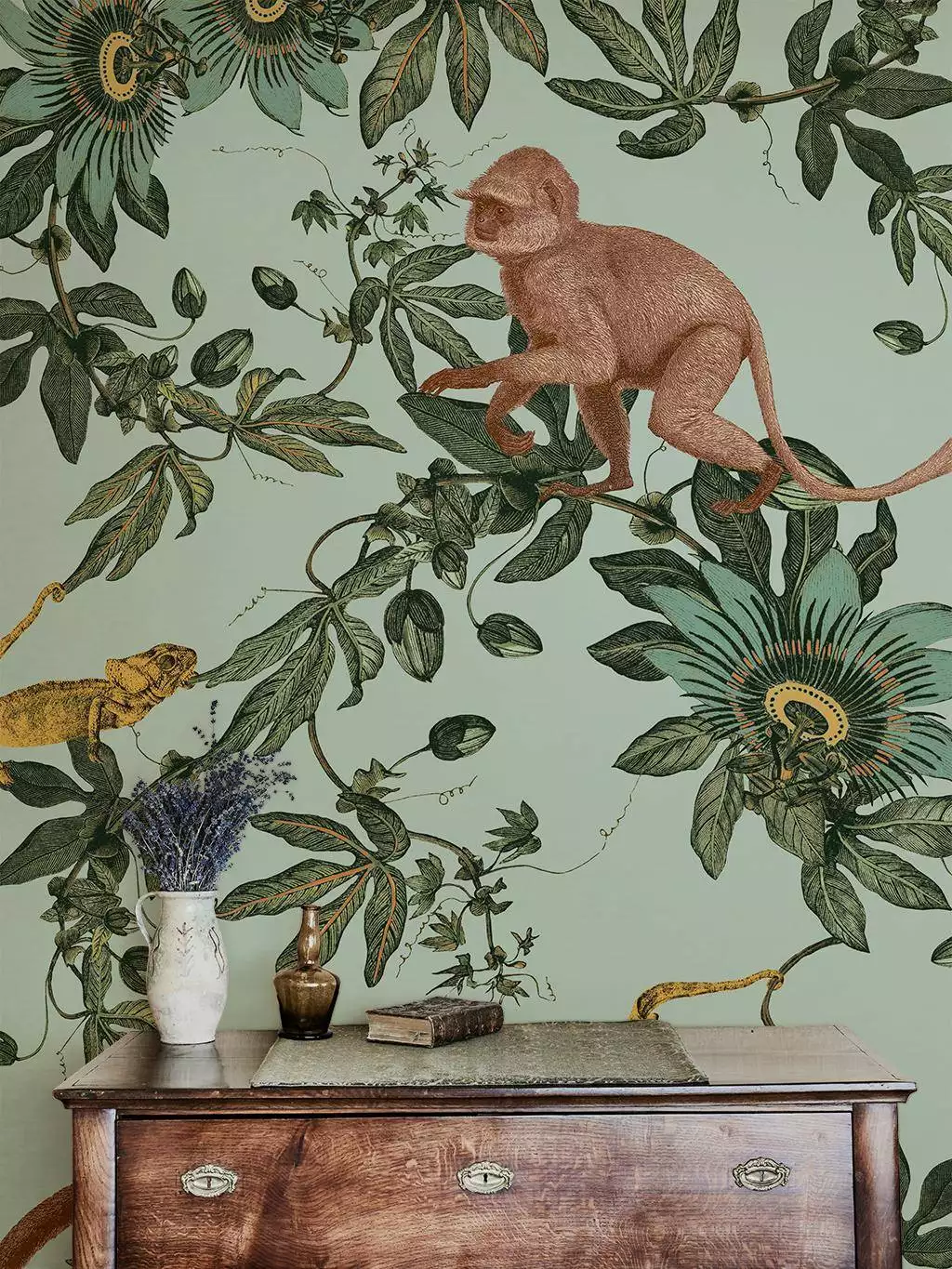 Jungle Ape, col.01 - Blätter - Tier Tapeten - Grün - Hellbraun - Hellgrün - Ocker - TapetenAgentur