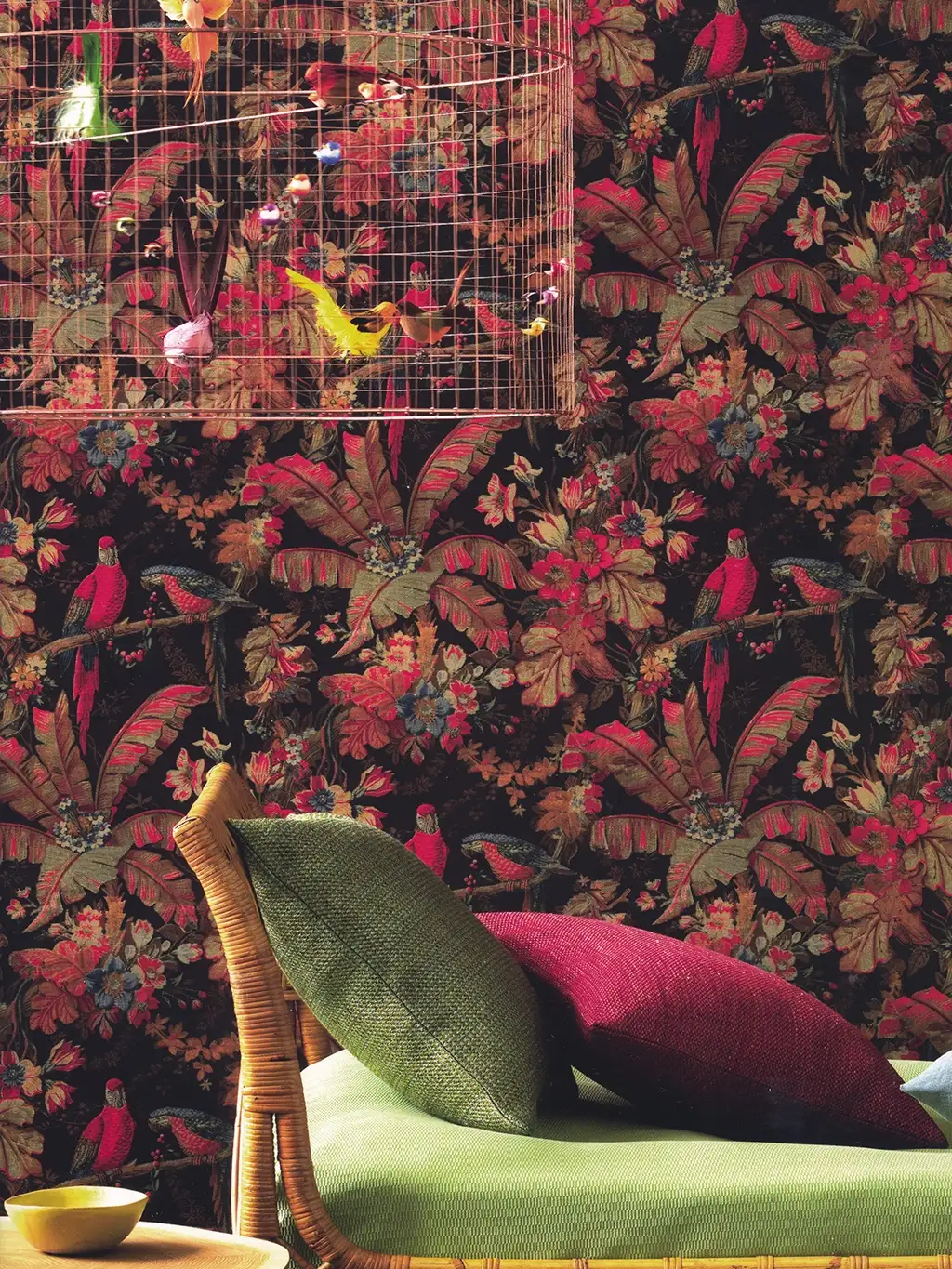 LA GRANDE VOLIERE - Blumen - Stofftapeten - Tapeten mit Vogelmotiven - Braun - Rot - Schwarz - PIERRE FREY GmbH