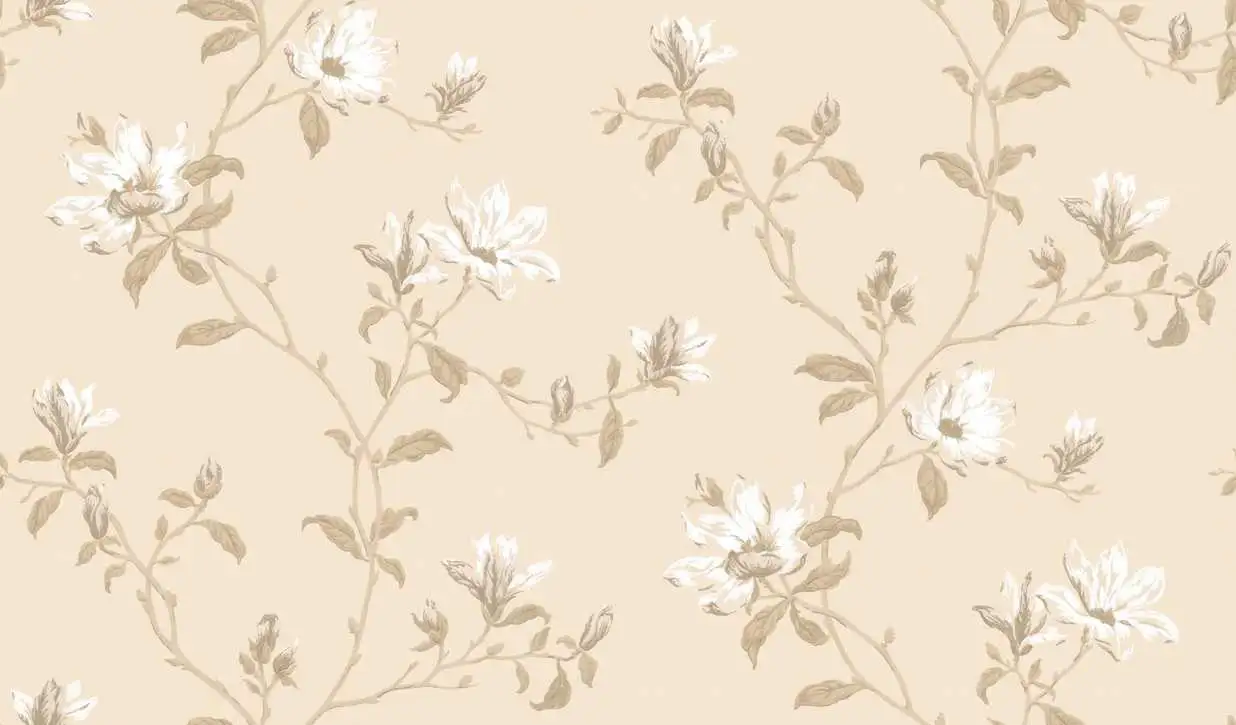 Lisanne, col.03 - Blumen - Blätter - Blümchentapete - Äste - Creme - Gold - Hellbraun - Weiß - Manuel Canovas