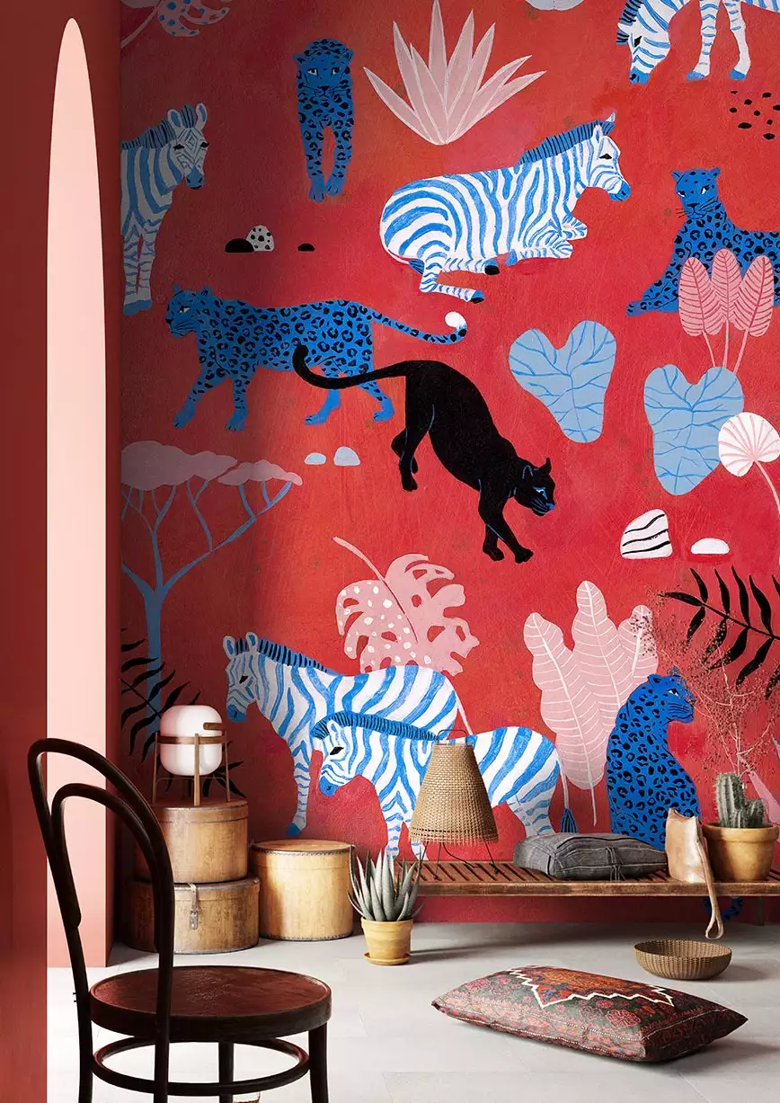 Rosso savana - Blätter - Bäume - Tier Tapeten - Blau - Hellblau - Rot - Weiß - Wallpepper