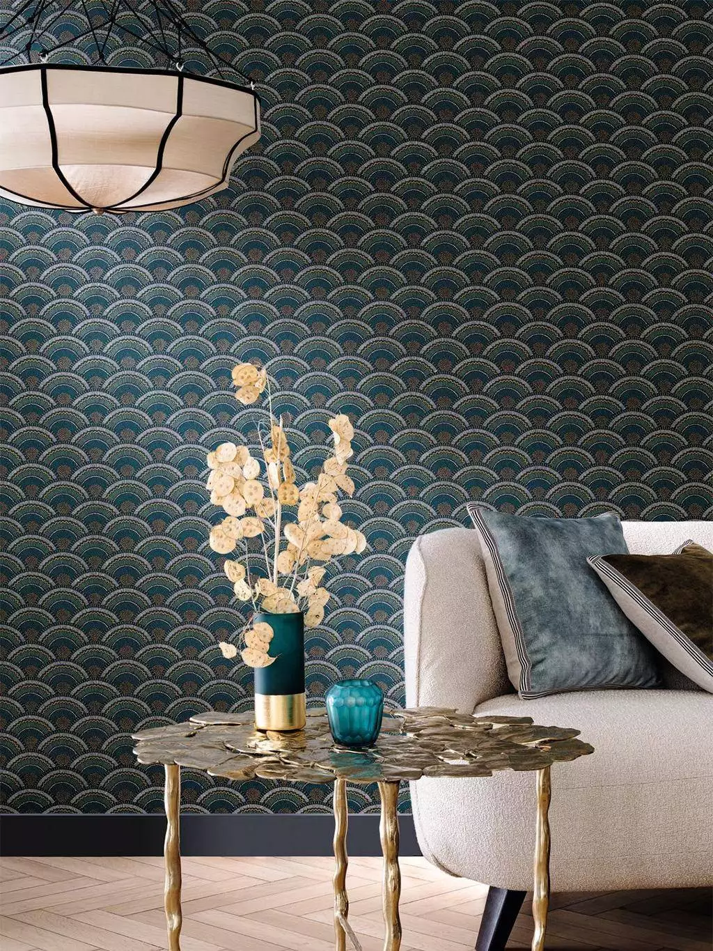 Otto, col. 04 - Blumen - Tapeten mit Vogelmotiven - Tier Tapeten - Anthrazit - Blau - Gold - Grün - Ocker - Casamance