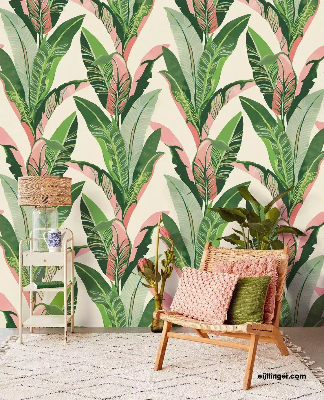 Miami, col. Blush - Blätter - Creme - Grün - Hellblau - Rosa - Eijffinger