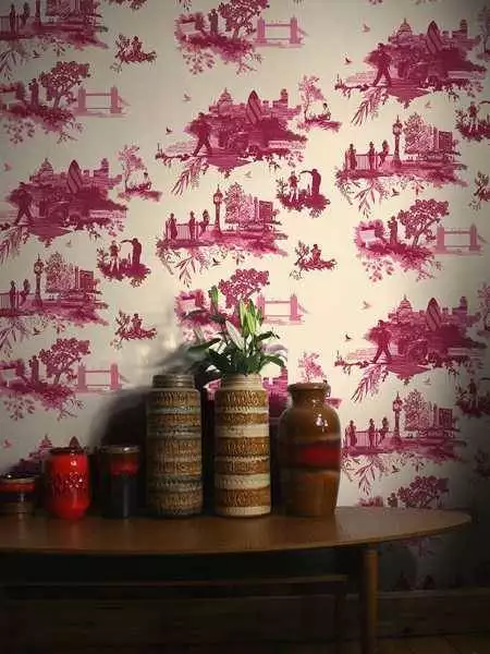 London Toile, red&pink on cream