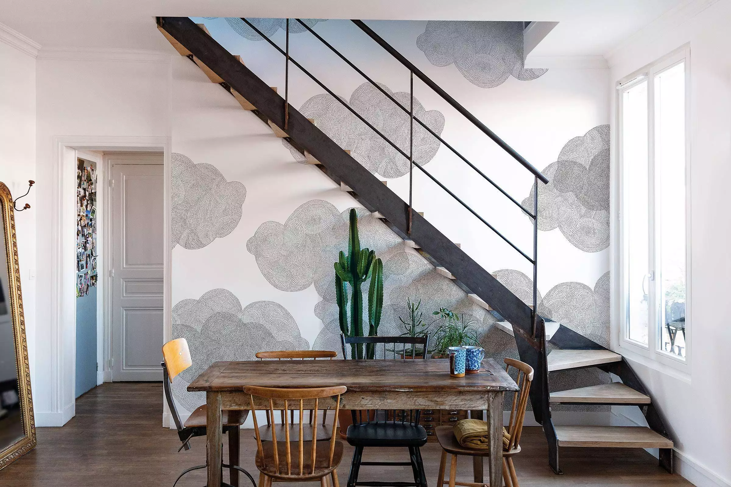 Cloudy - Graphisch - Linie - Punkte Tapeten - Wolken - Zeichnungen - Anthrazit - Grau - Schwarz und Weiß - Weiß - Bien Fait