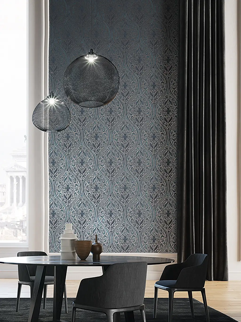 Bravo Ebony - Ornamente Tapeten - Petrol - Schwarz - Masureel