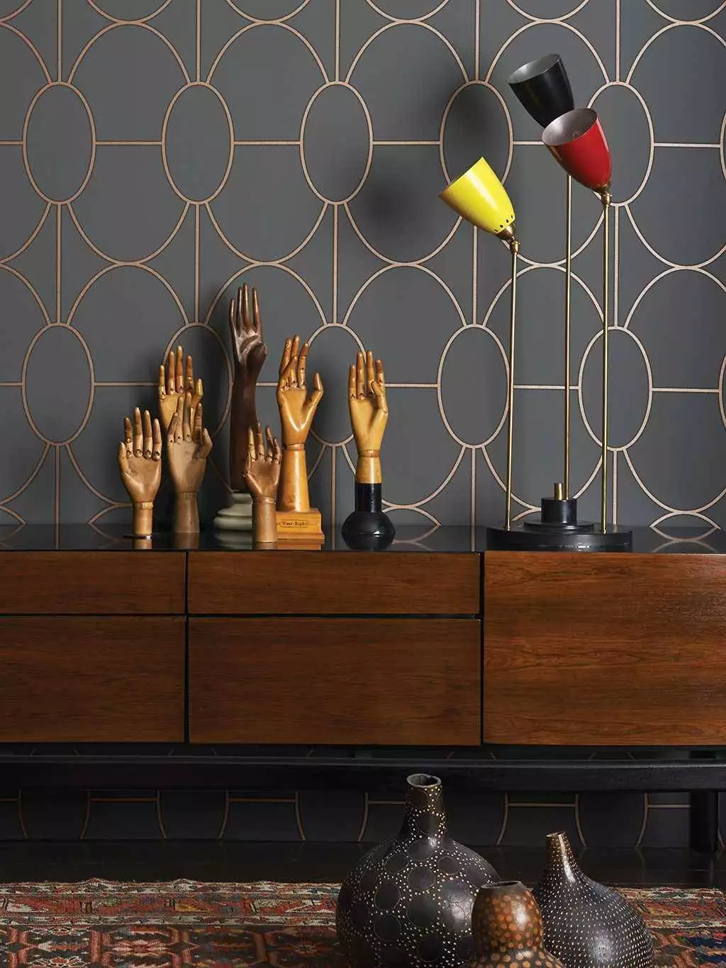 Riviera, col. 09 - Grafische Muster - Kreise - Anthrazit - Bronze - Schwarz - Cole & Son