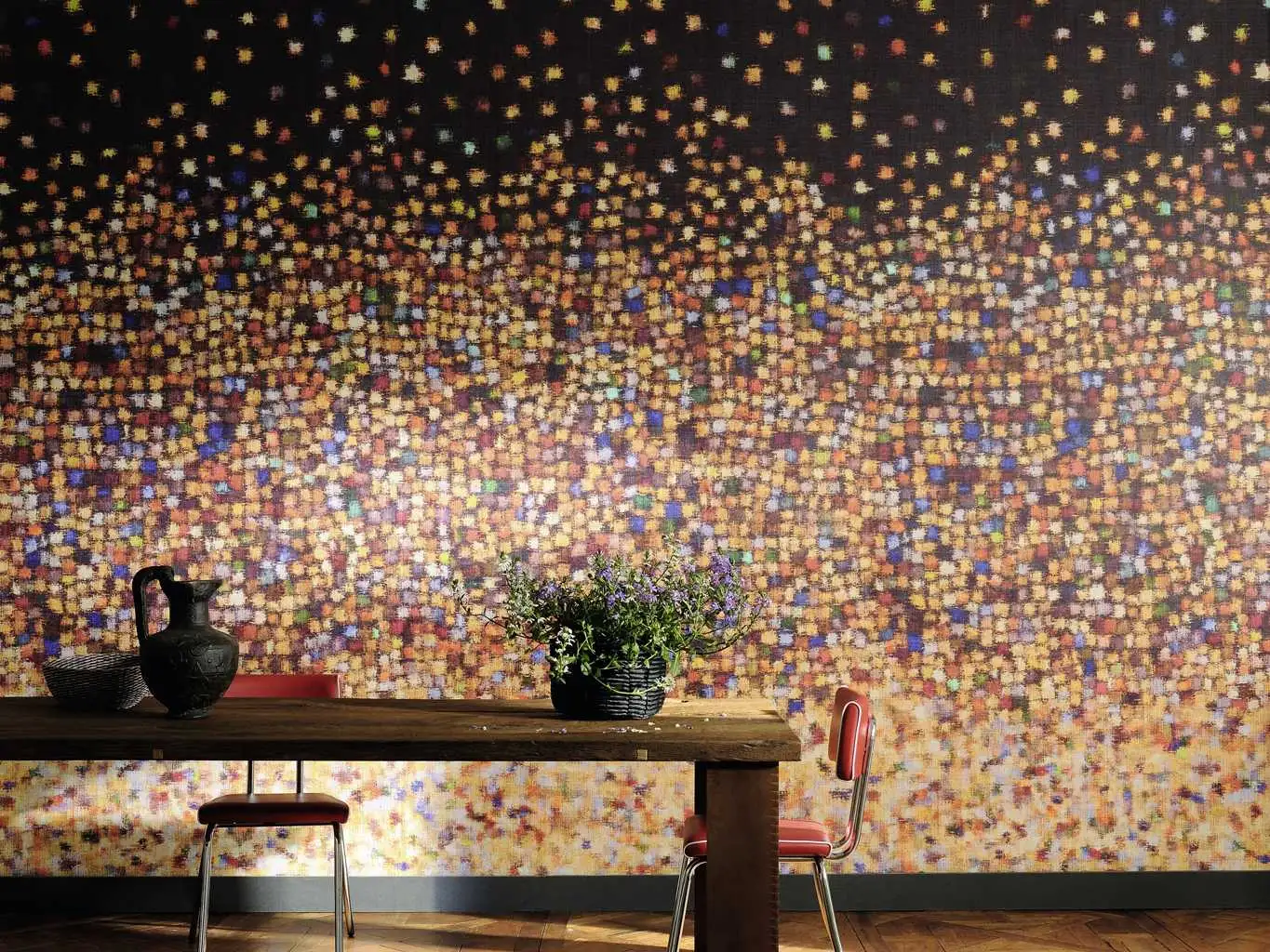 Raumbild A Big Splash - Großmotiv - Schemen/Silhouetten - Stofftapeten - Braun - Gelb - Orange - Rot - Schwarz - Èlitis