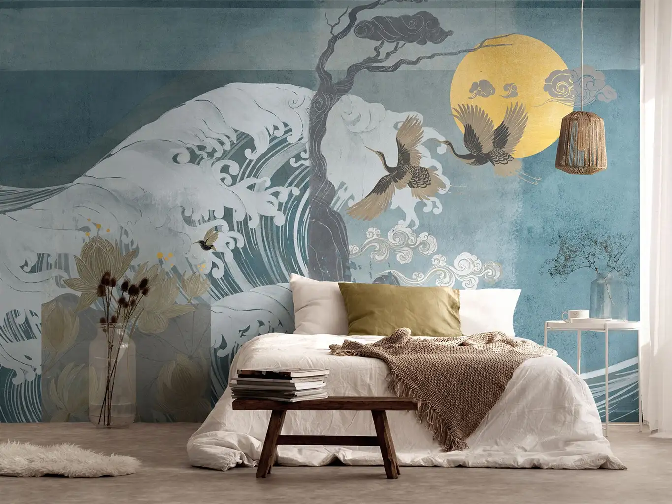 Raumbild NAMI, GREEN - Bäume - Strandmotive - Tapeten mit Vogelmotiven - Tier Tapeten - Wellen - Anthrazit - Creme - Gelb - Hellblau - Hellbraun - Tecnografica
