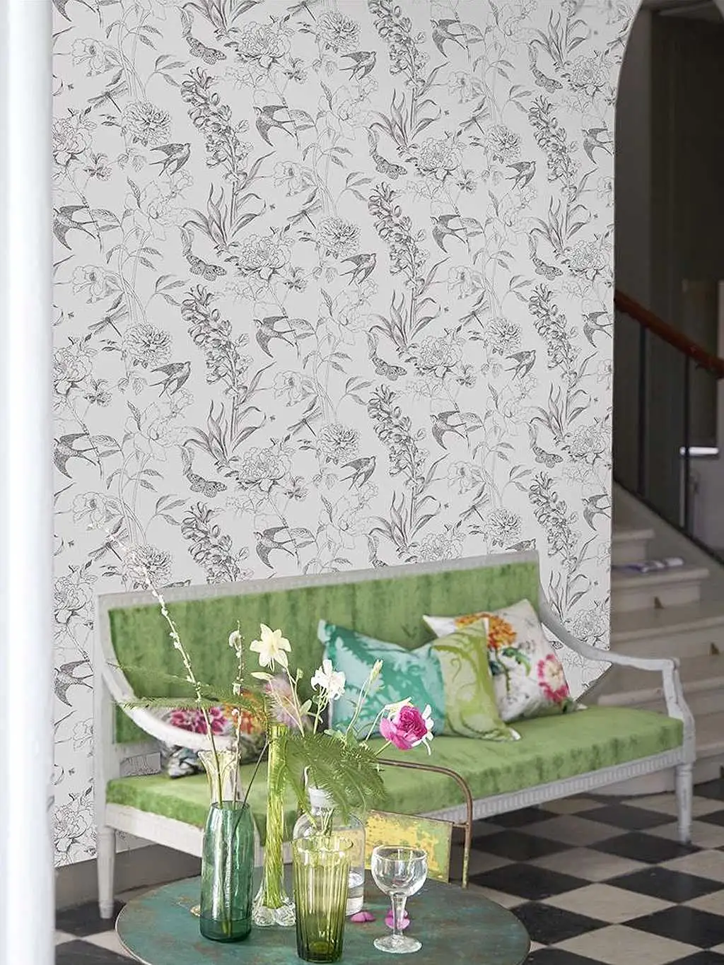 Raumbild Sibylla Garden, col.01 - Blumen - Tapeten mit Vogelmotiven - Zeichnungen - Schwarz - Weiß - DESIGNERS GUILD