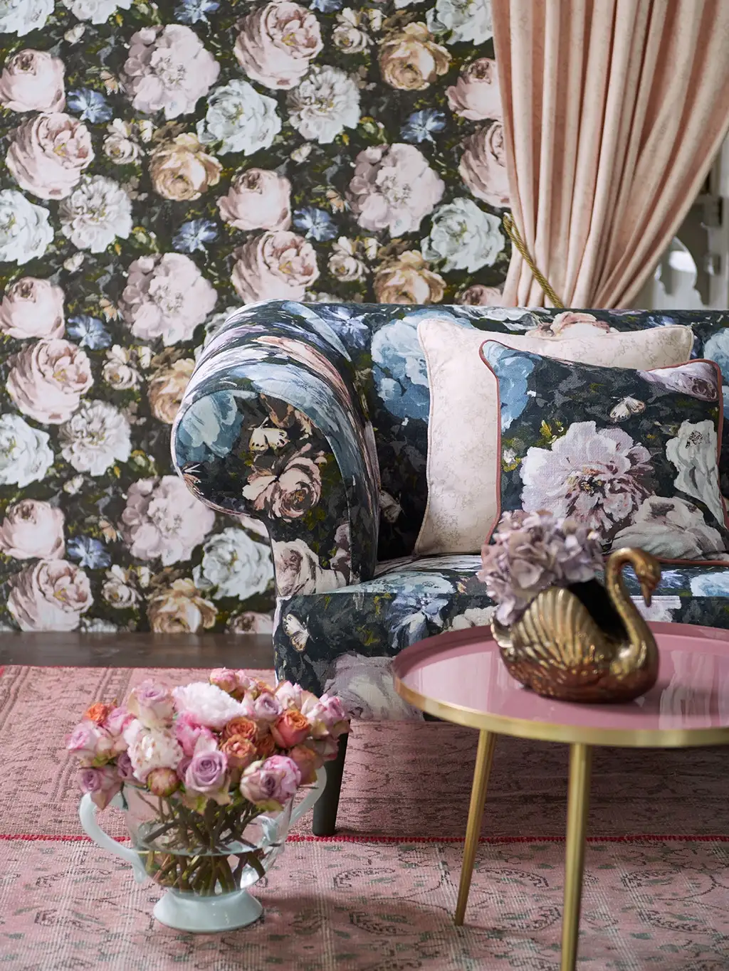 Floretta, blush/charcoal - Blumen - Anthrazit - Rosa - Weiß - Clarke & Clarke