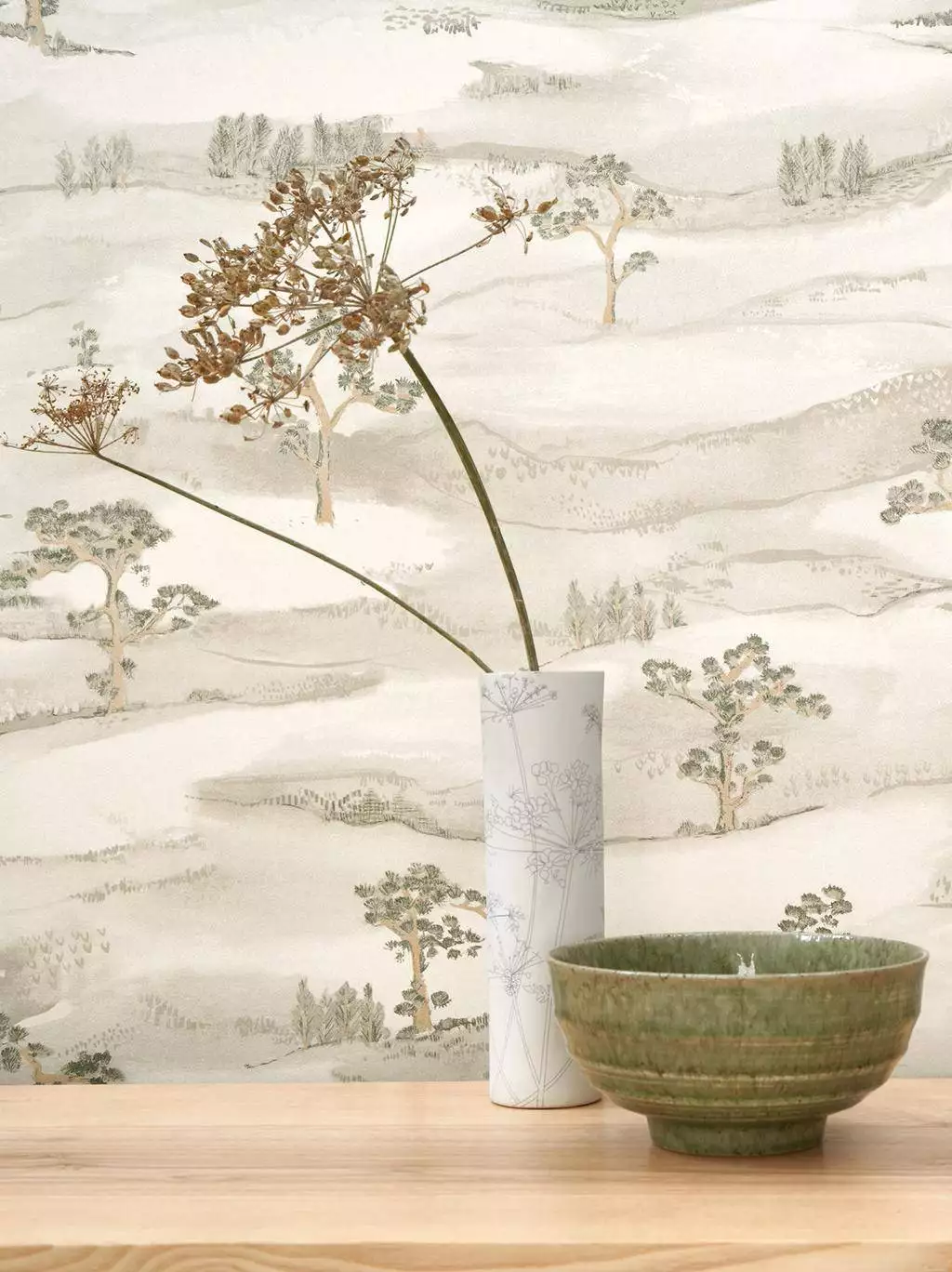 Mokuso, col. 09 - Bäume - Florale Muster - Creme - Hellbraun - Hellgrün - Casadeco