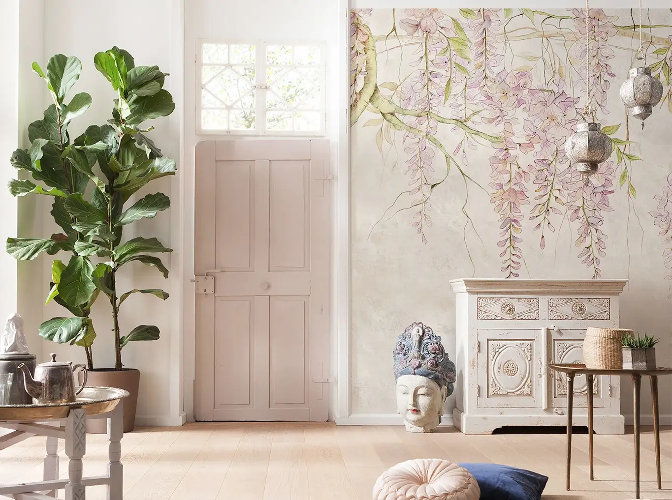 Fototapete Wisteria - Blumen - Blätter - Creme - Hellgrün - Rosa - Komar.Vlies