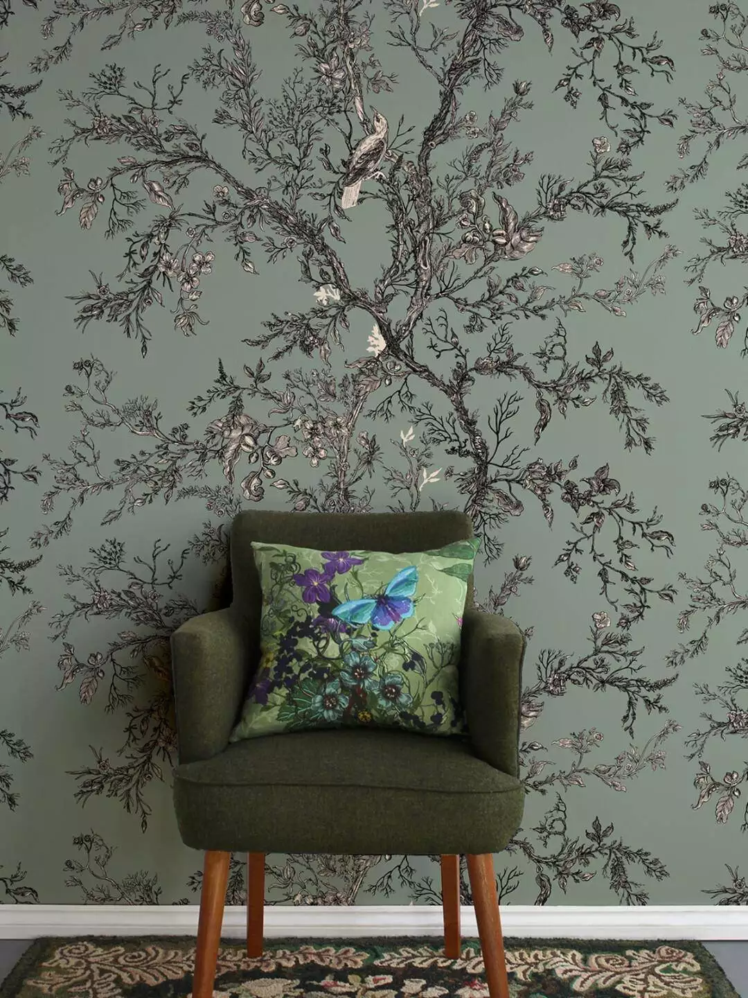 Golden Oriole Superwide Wallpaper, Grey Sage