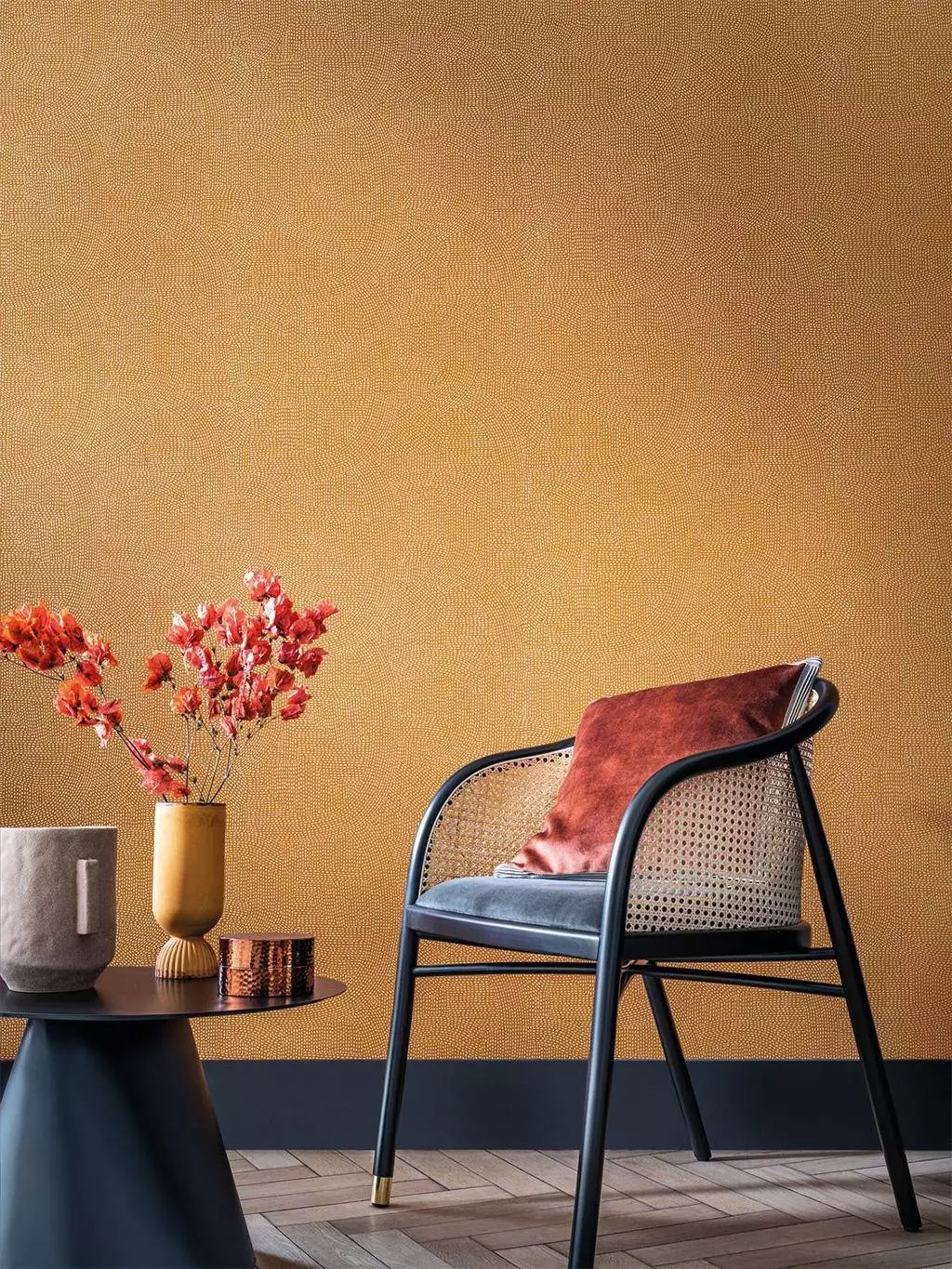 Franz, col. 06 - Bögen - Linie - Punkte Tapeten - Gold - Orange - Casamance