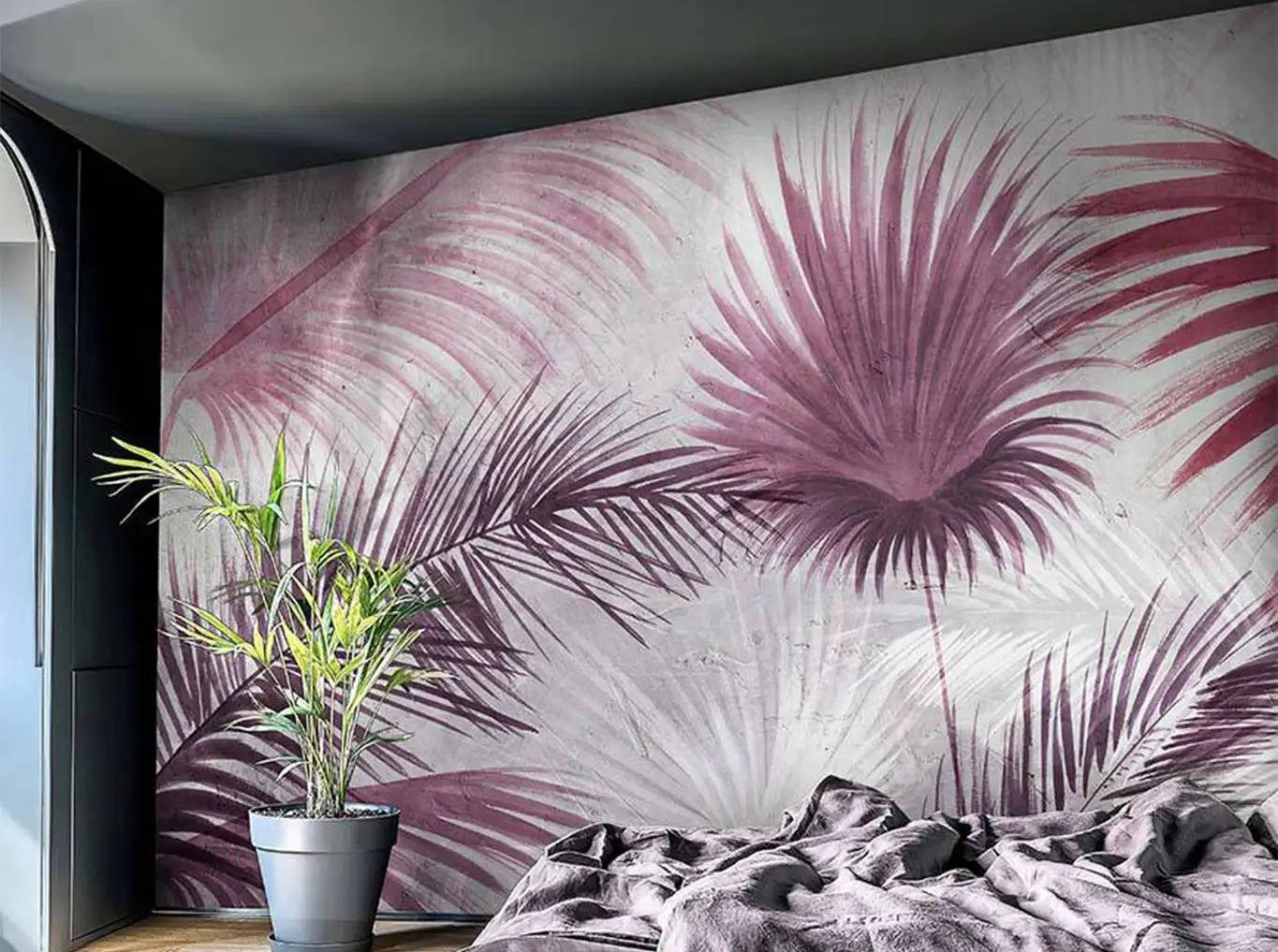 Raumbild Macro Miami - Blätter - Creme - Lila - Pink - Rot - Wallpepper