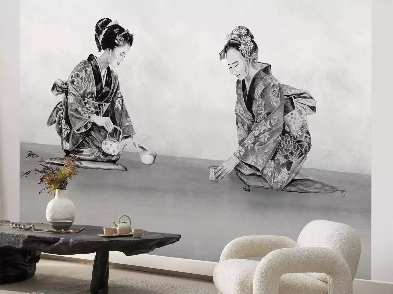 Ceremonie Du The, M - Asia - Figuren - FotoTapeten - Anthrazit - Creme - Casadeco