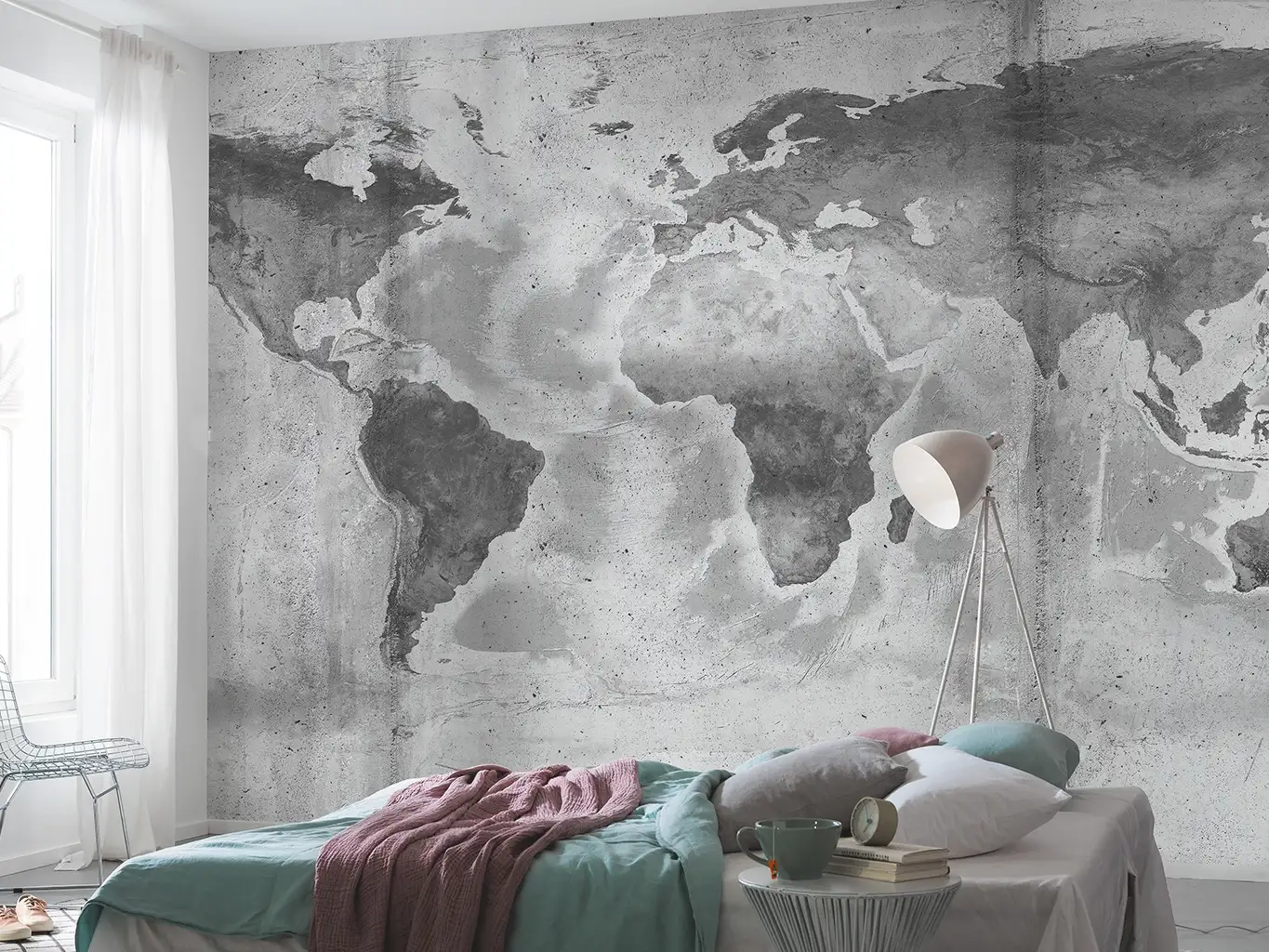 Raumbild CONCRETE WORLD - Landkarte - Weltkarten auf Tapete - Schwarz und Weiß - Komar.Vlies