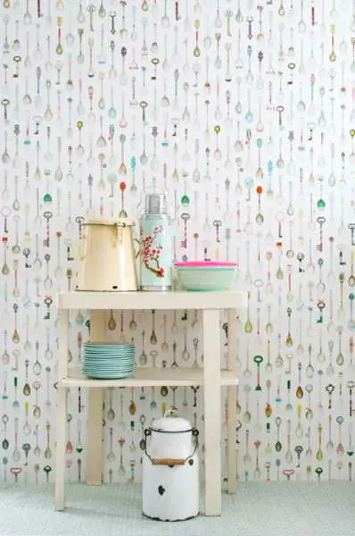 Raumbild Teelöffel Tapete - Figuren - Multicolor - Weiß - StudioDitte